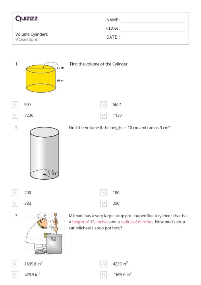 Eighth grade geometry worksheet illustrating volume calculations for cylinders