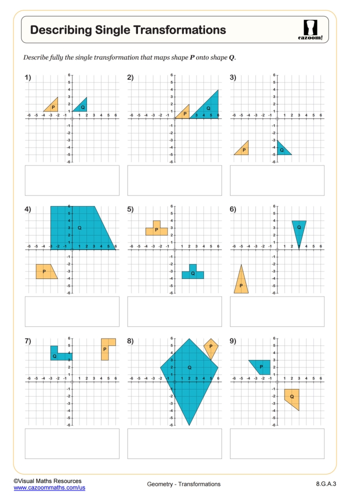 Transformations on the Coordinate Plane Dilations Handout Worksheet 24 Eighth grade math worksheet showing a geometric dilation example on a coordinate plane grid