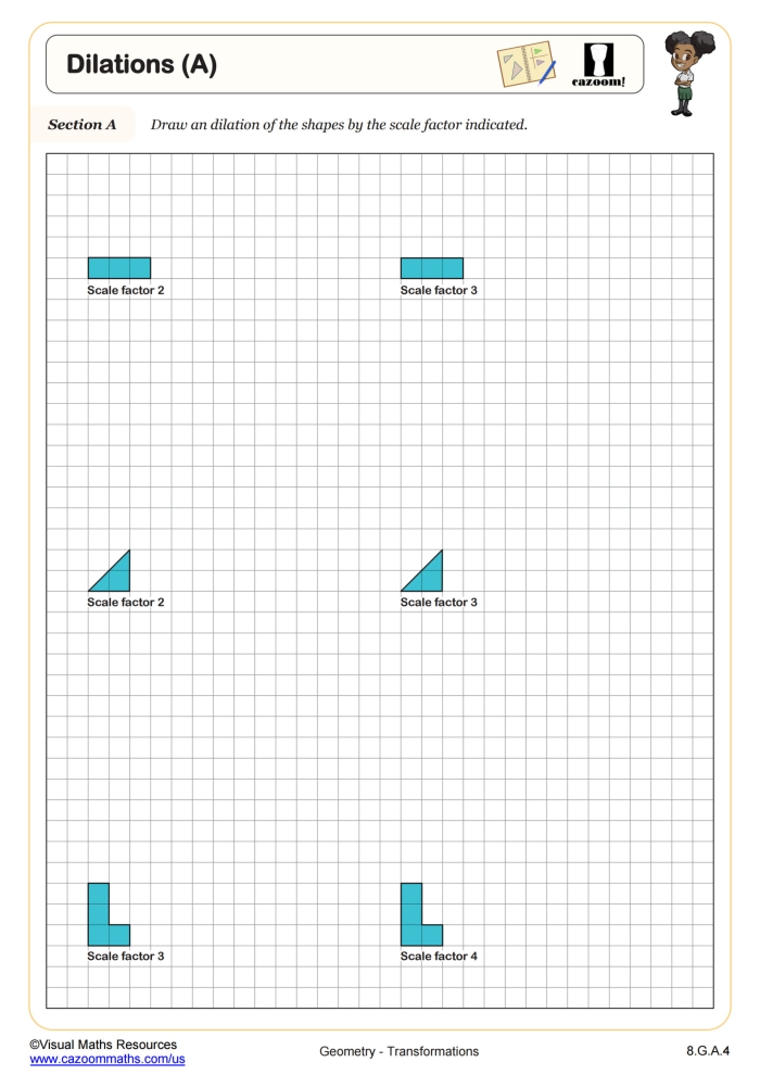 Describing Dilations Worksheet for Eighth Grade Students Eighth-grade geometry worksheet focusing on dilations in the coordinate plane