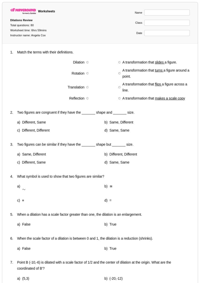 Describing Dilations Practice Worksheet 15 Eighth grade geometry worksheet featuring coordinate plane exercises for practicing dilations