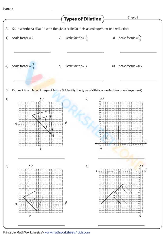 Eighth grade math worksheet showing geometric figures undergoing dilations centered at the origin on a coordinate plane
