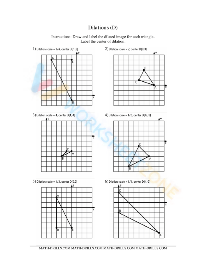 Describing Dilations Practice Worksheet for 8th Grade Math Eighth grade geometry worksheet featuring coordinate plane problems for practicing dilations