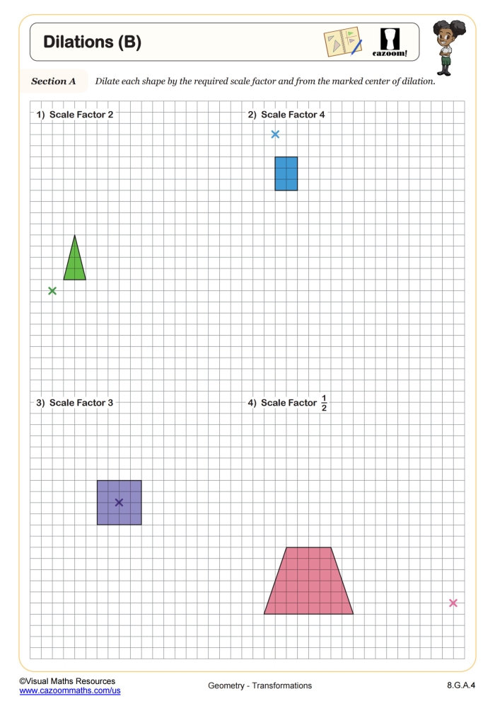 Eighth grade math worksheet showing geometric figures being dilated from the origin on a coordinate plane