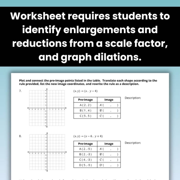 Eighth grade student worksheet showing a geometric figure being scaled on a coordinate plane with a dilation centered at the origin