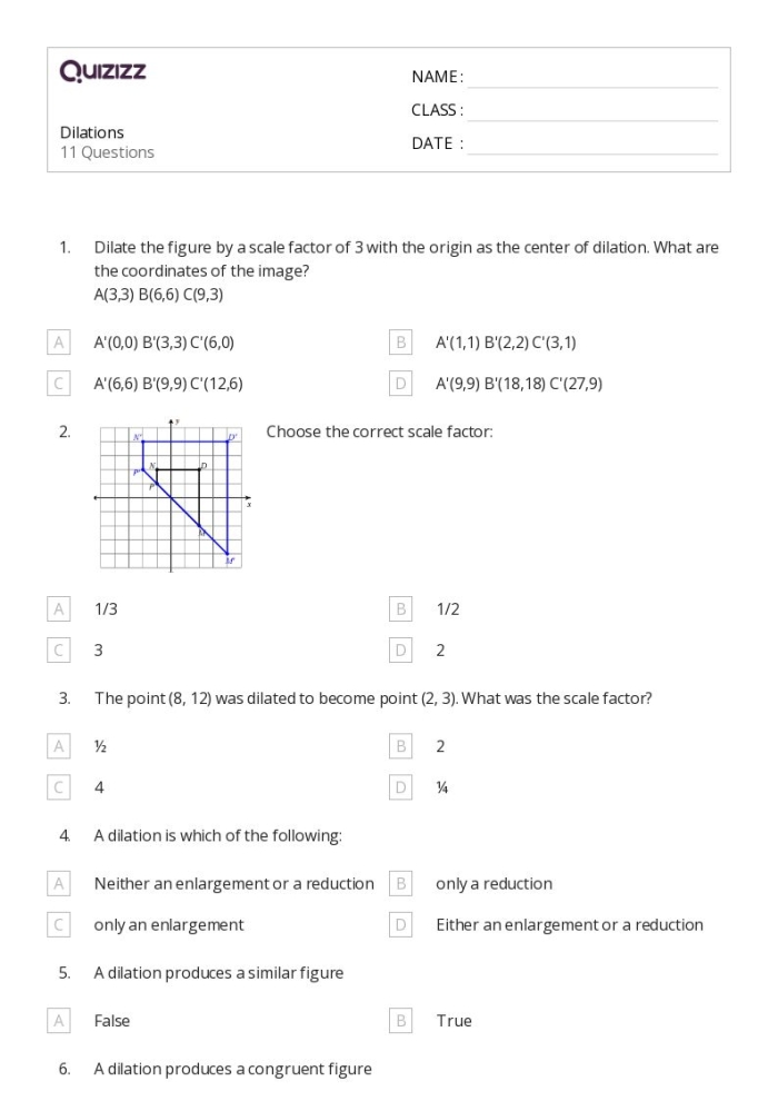 Eighth-grade students working on a Dilations on the Coordinate Plane worksheet, graphing figures centered at the origin. Image showing a sample problem from the Dilations on the Coordinate Plane worksheet.