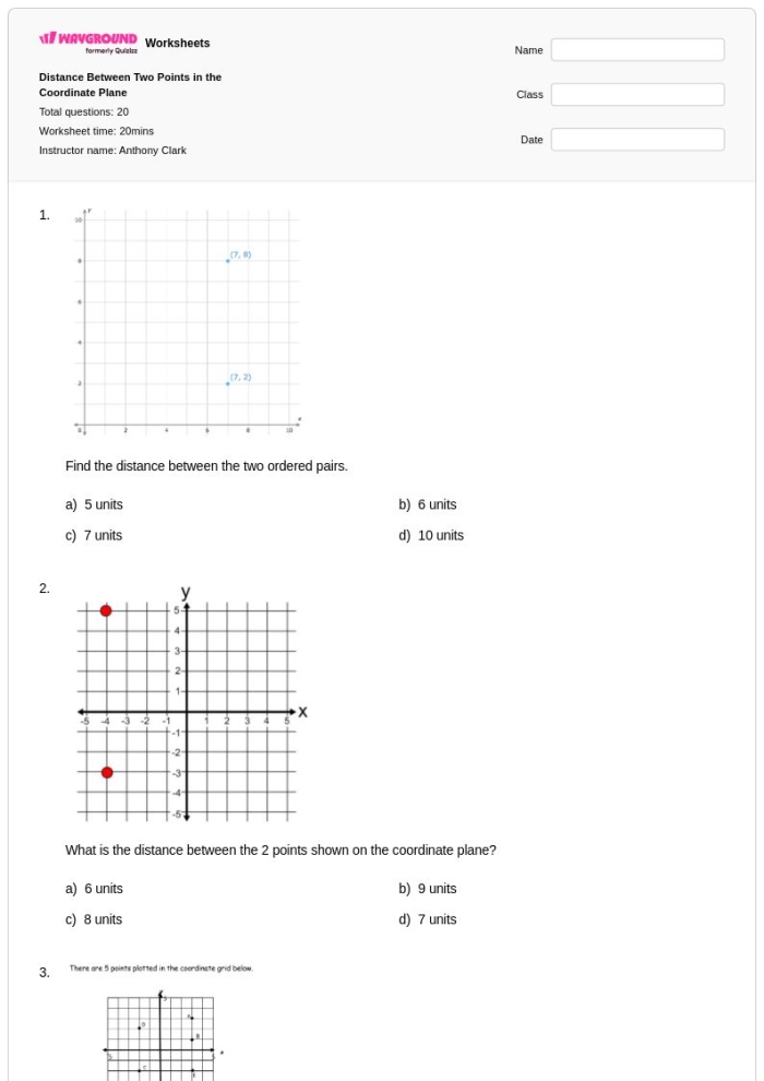 Eighth grade math student solving a coordinate plane distance problem on a worksheet