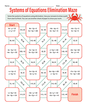 Engaging maze activity for mastering systems of equations in an interactive way Eighth grade math worksheet featuring a systems of equations elimination maze for students to practice algebra skills