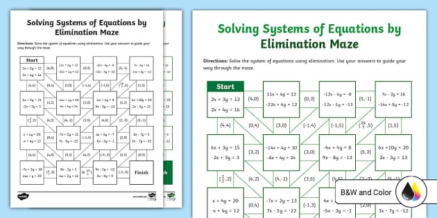 Fun math maze for practicing algebra skills in eighth grade Eighth-grade student navigating a systems of equations elimination maze worksheet