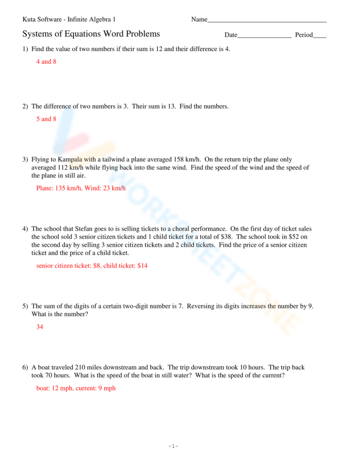 Students engaged in solving systems of linear equations word problems on a worksheet