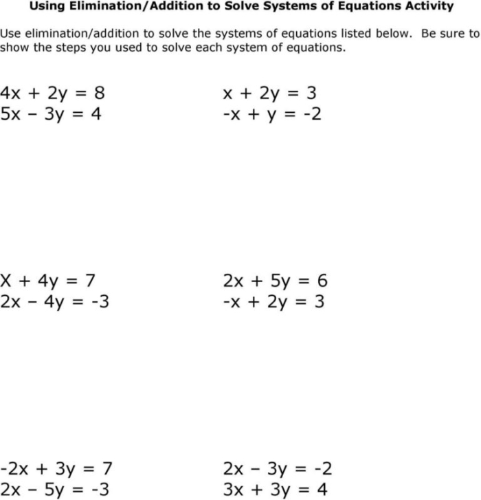 Eighth-grade algebra worksheet on solving linear equations using elimination method Worksheet for practicing the elimination method in solving systems of linear equations for eighth graders