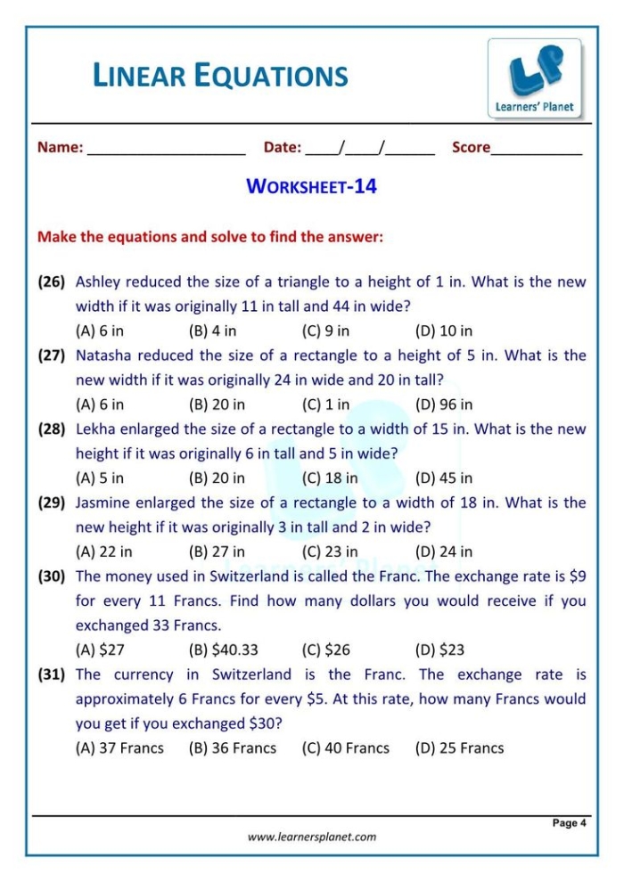 Worksheet featuring systems of linear equations word problems for eighth-grade algebra students