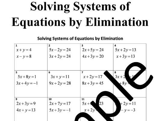 Students engaged in solving elimination word problems on a linear equations worksheet for eighth grade. Eighth-grade algebra worksheet focusing on systems of linear equations using the elimination method.