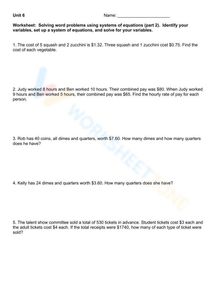 Students engaged in solving systems of linear equations word problems in an eighth-grade algebra worksheet