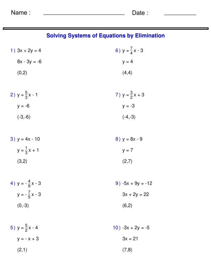 Eighth-grade algebra worksheet focusing on elimination for solving linear equations Students engaged in solving systems of linear equations with elimination method on a worksheet