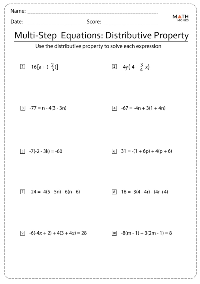 Eighth grade math student solving a multi-step equations quiz worksheet