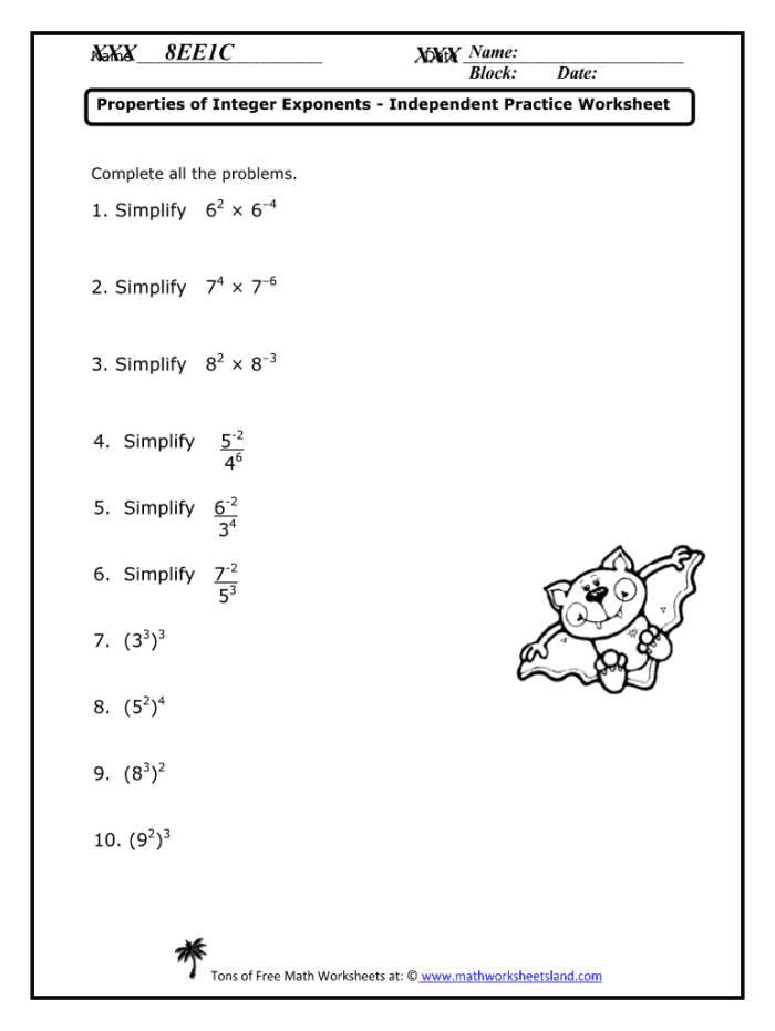 Eighth grade math handout featuring rules and practice problems for multiplying exponents