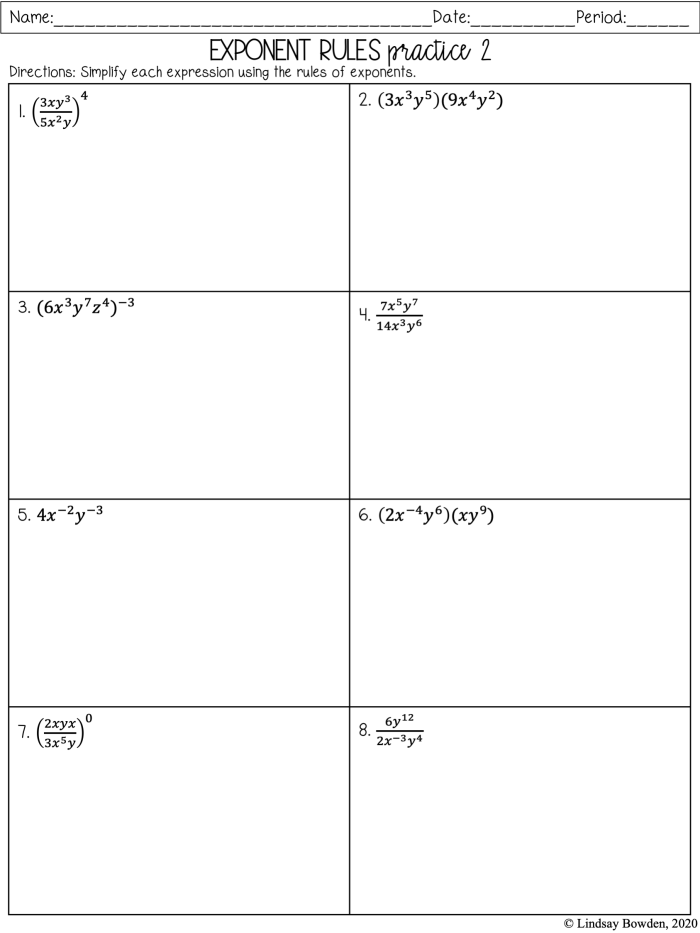 Properties of Exponents worksheet for eighth-grade students to practice exponent rules