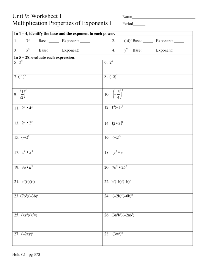 Eighth grade math worksheet focusing on solving problems using properties of integer exponents