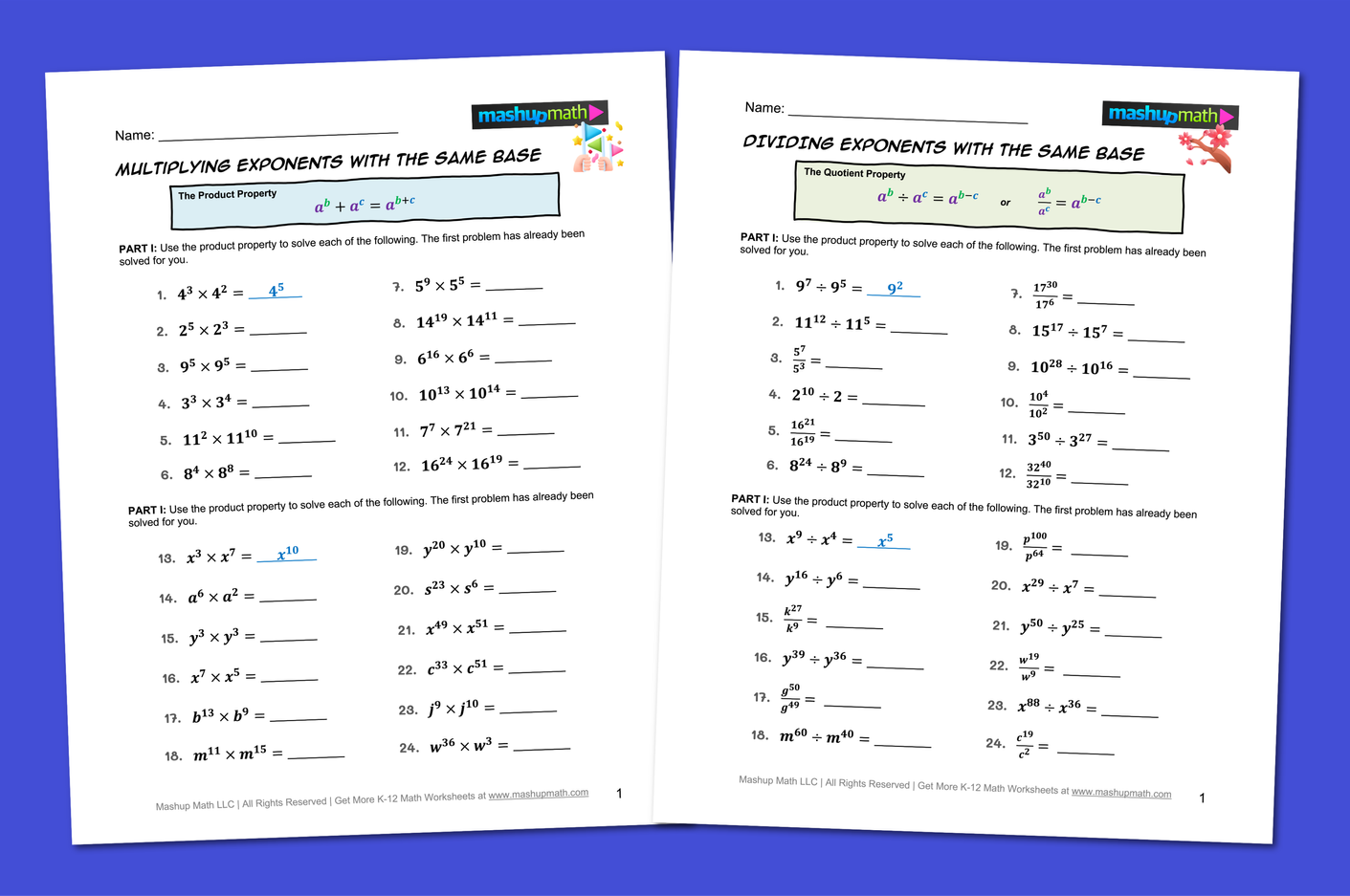 Eighth grade geometry worksheet featuring a collection of math problems focused on simplifying exponential expressions