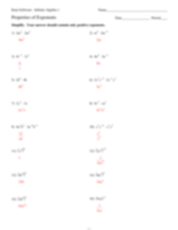 Eighth-grade math worksheet focused on the properties of integer exponents for student practice