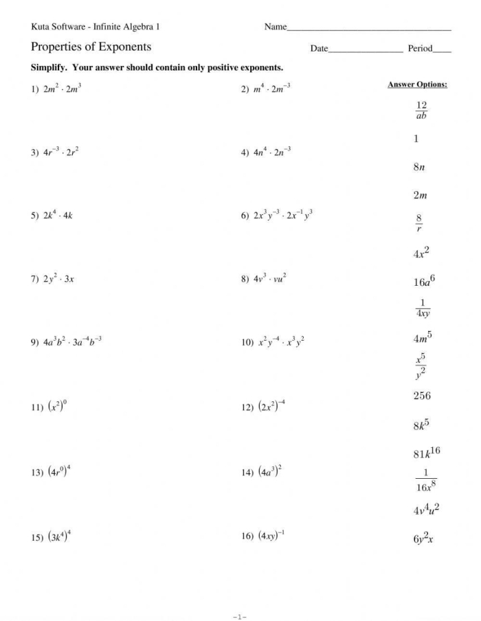 Eighth grade properties of exponents practice worksheet for simplifying expressions