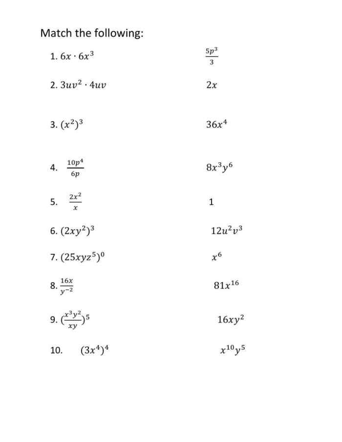 Eighth grade math worksheet showing practice problems for properties of integer exponents