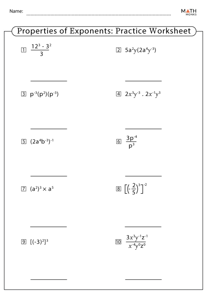 Eighth grade math student solving a Properties of Exponents Practice worksheet on a desk