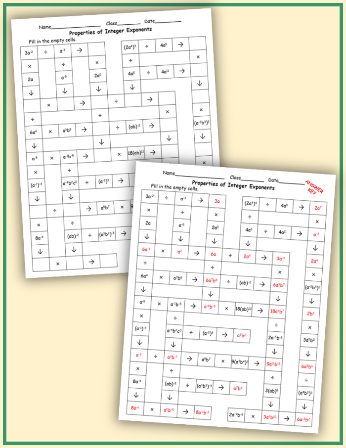 Properties of Exponents Puzzle Activity for Eighth Graders Eighth-grade students solving a properties of exponents puzzle worksheet