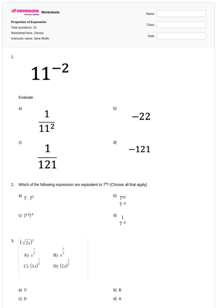 Eighth Grade math puzzle challenge exploring properties of exponents Properties of Exponents Puzzle worksheet for eighth-graders engaging in a fun math activity