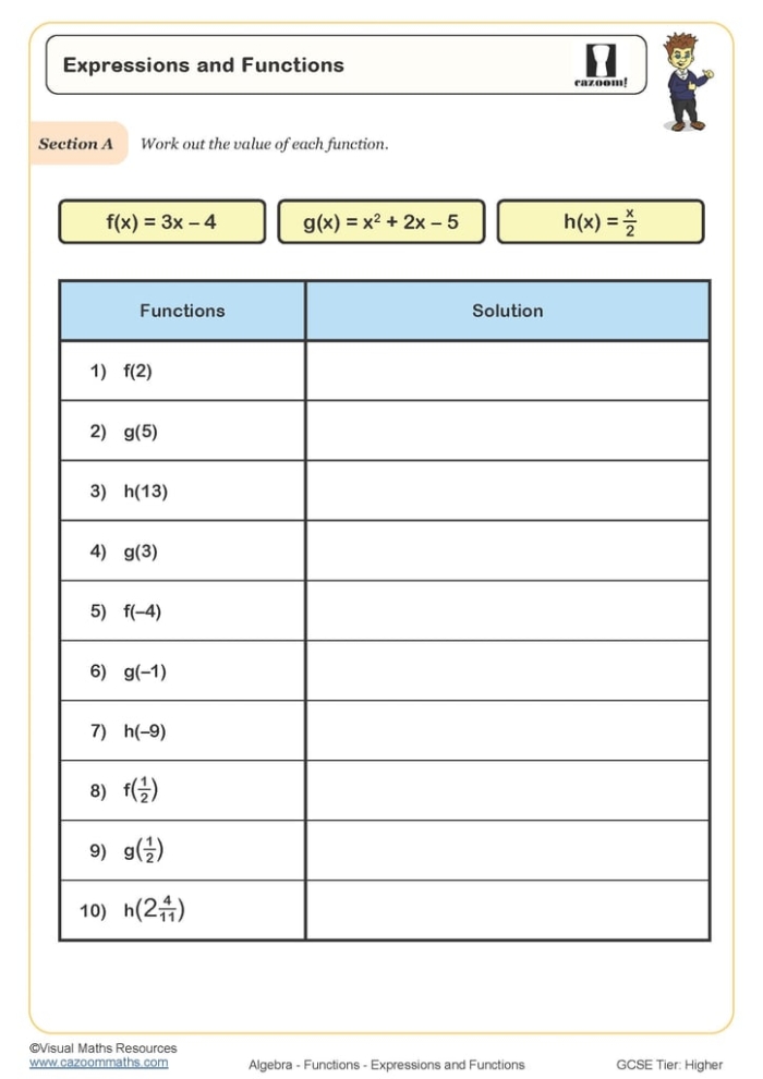 Eighth grade student working through function and relation problems on an algebra worksheet with pencil and paper
