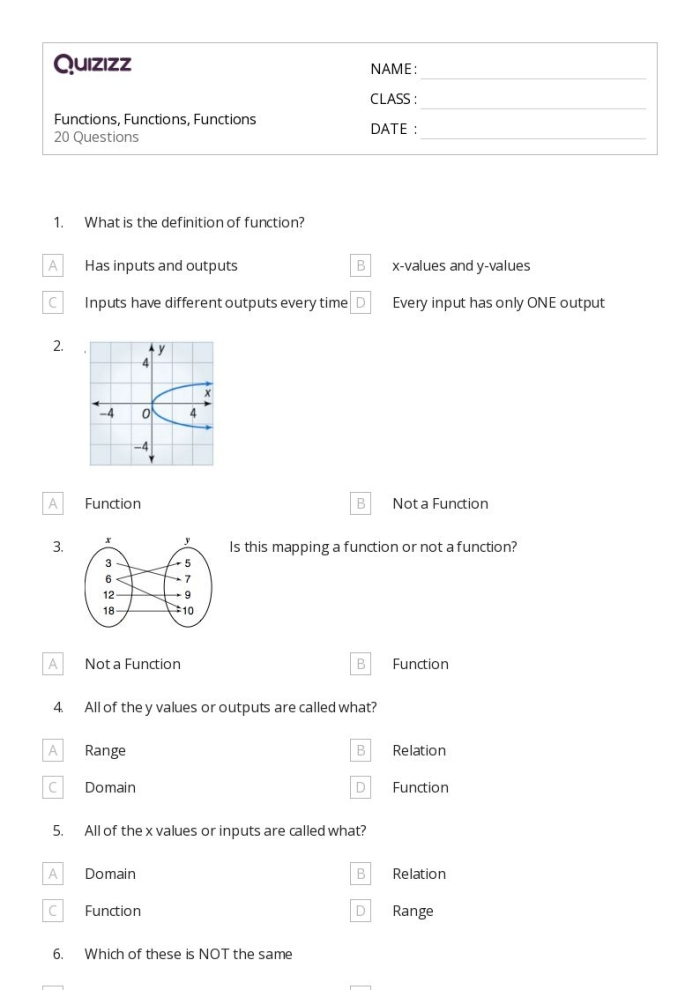 Eighth-grade algebra worksheet for identifying functions in relations