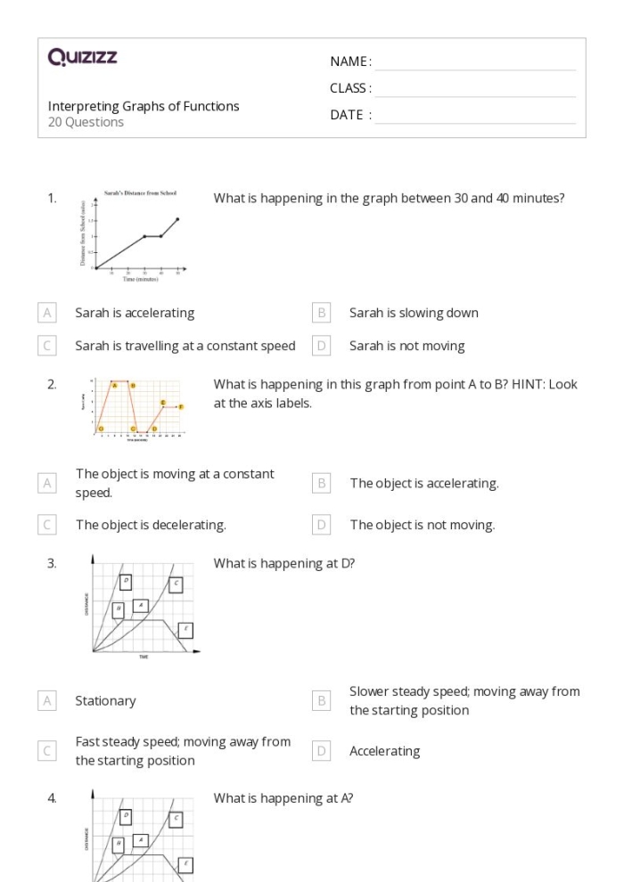 Interpreting Function Relationships Worksheet Example 13 Eighth grade students analyzing function relationships through real-world story problems and coordinate plane graphs
