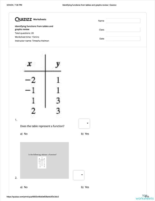 Identify Functions From Tables Worksheet 19 for Eighth Grade Algebra Eighth grade math worksheet focusing on identifying functions from provided numerical tables