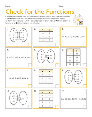 Eighth grade algebra worksheet for students to practice identifying functions from relations