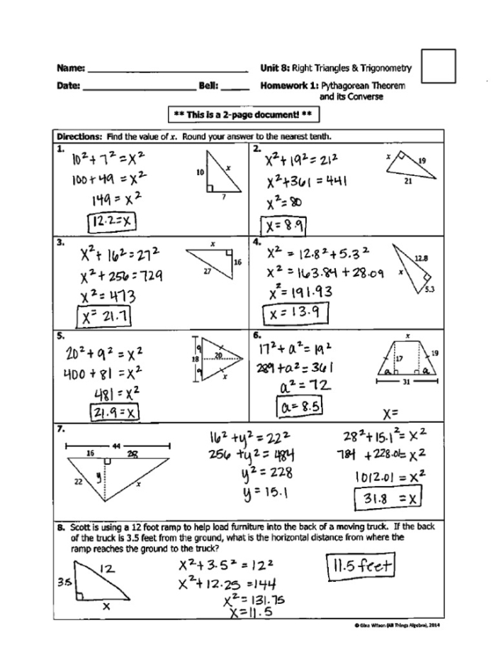 Eighth grade geometry worksheet featuring Pythagorean theorem problems to solve for missing triangle sides