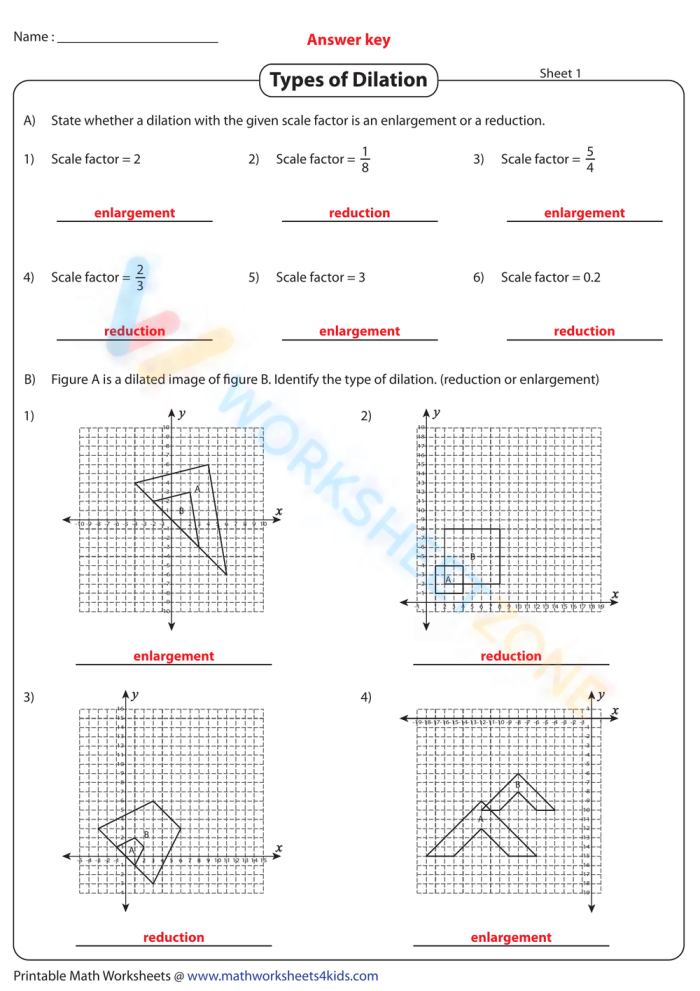 Describing dilations worksheet for enhancing student comprehension Eighth-grade geometry worksheet focusing on dilations in the coordinate plane