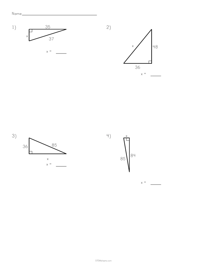 Worksheet for eighth graders on the Pythagorean theorem, focusing on finding missing hypotenuse lengths in right triangles. Eighth Grade Geometry Worksheet: Pythagorean Theorem - Find the Missing Hypotenuse.