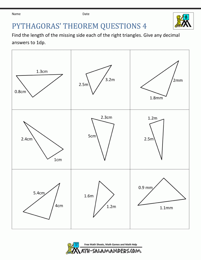 Eighth grade math students practicing geometry by solving for missing triangle sides using the Pythagorean theorem