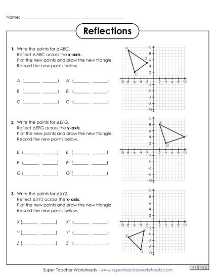 Eighth-grade worksheet featuring reflections on the coordinate plane for geometry practice