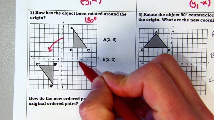 Eighth grade math worksheet showing geometric shapes rotated 90 180 and 270 degrees on a coordinate plane