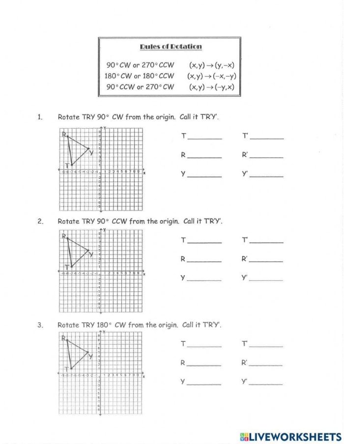 Eighth grade math worksheet showing geometric shapes being rotated 90 180 and 270 degrees on a coordinate plane