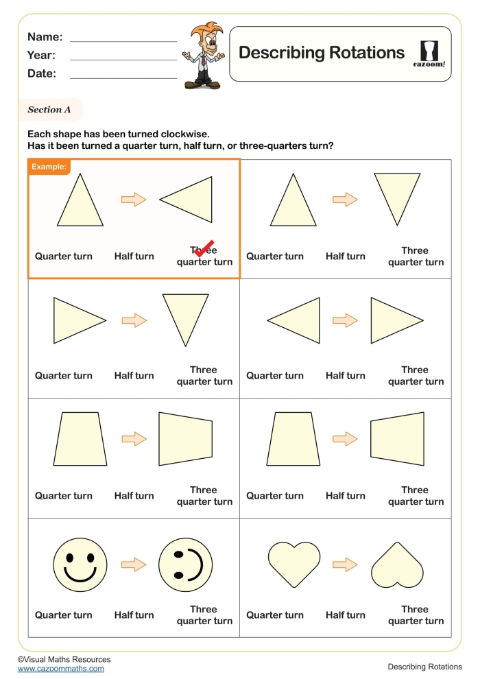 Describing Rotations Geometry Worksheet 17 Eighth grade students practice geometric transformations by rotating shapes on a coordinate plane in this worksheet