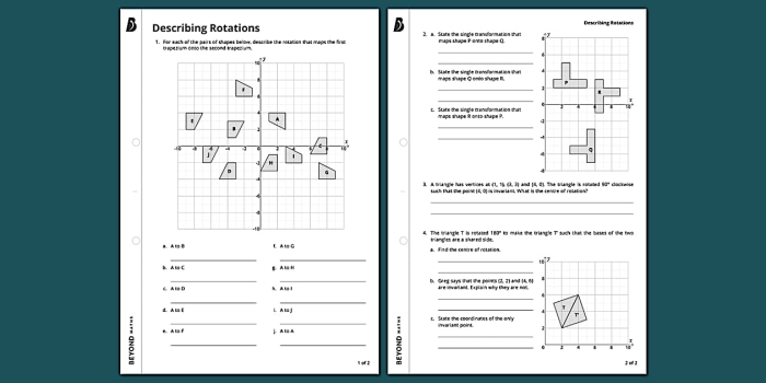 Worksheet on Describing Rotations for eighth-grade students Eighth-grade geometry worksheet focused on describing rotations in the coordinate plane