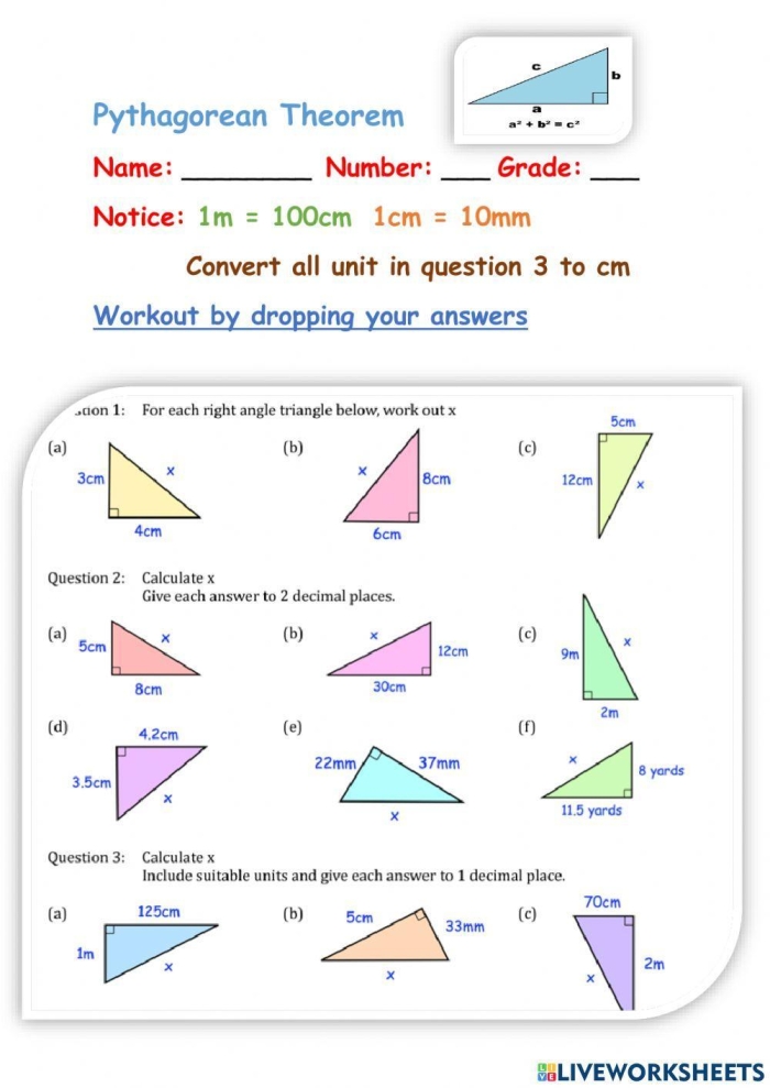 Pythagorean Theorem Handout worksheet designed for eighth-grade geometry students