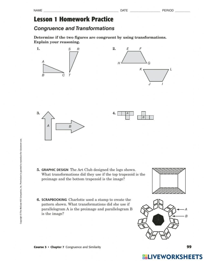 Geometry worksheet showing multiple congruence transformation problems for middle school learners Eighth grade students practicing sequences of congruence transformations with geometric figures on a worksheet