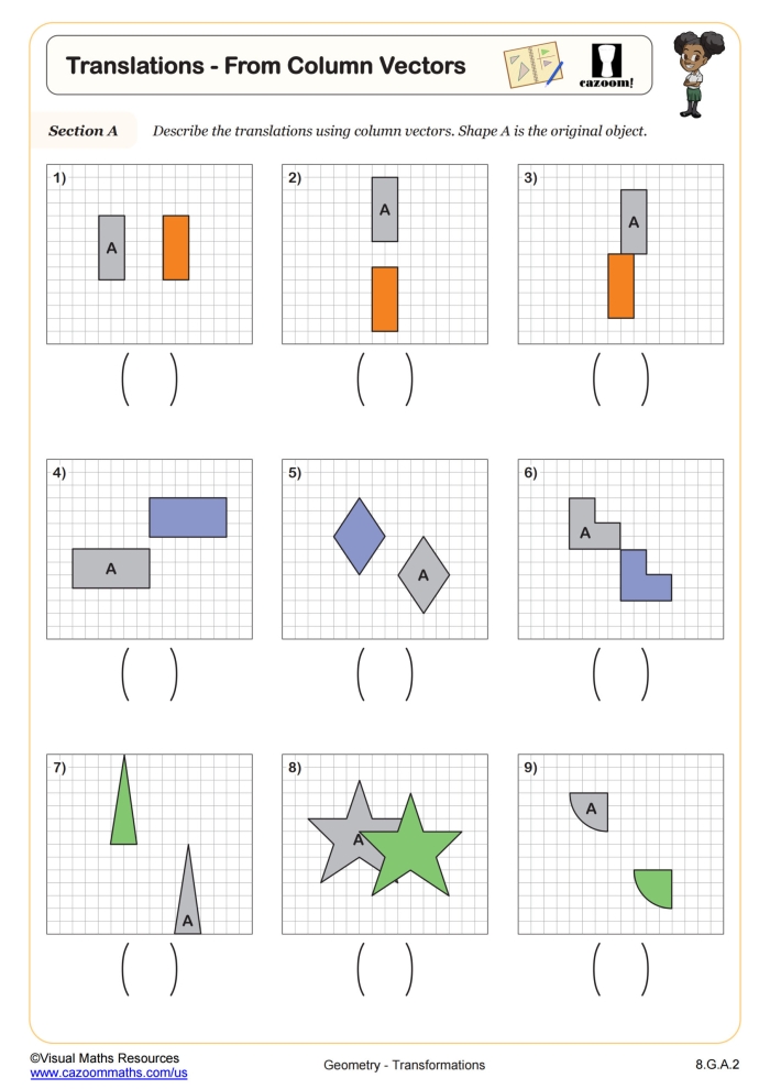 Describing Translations Geometry Worksheet 4 Eighth grade geometry worksheet featuring coordinate plane translation problems for mixed operations practice