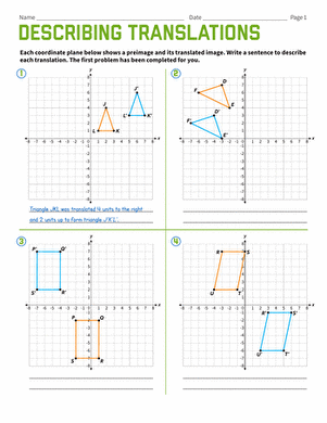 Describing Translations worksheet for mixed operations practice Eighth-grade geometry worksheet focusing on translations in the coordinate plane