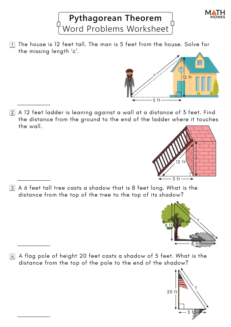 Eighth-grade geometry worksheet featuring Pythagorean theorem word problems for students to solve real-world scenarios