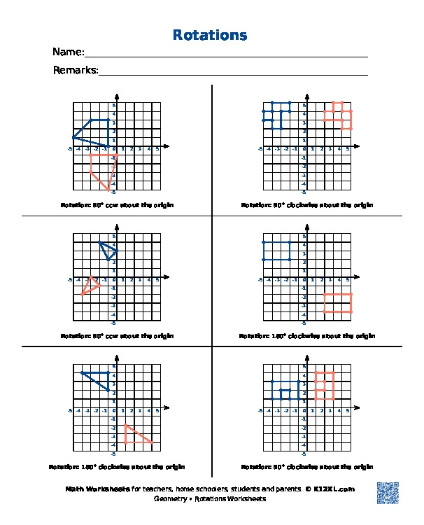 Describing Rotations worksheet for eighth-grade students Eighth-grade geometry worksheet focusing on understanding rotations on the coordinate plane