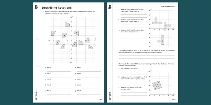Describing Rotations worksheet for eighth-grade students Eighth-grade geometry worksheet focused on understanding rotations in the coordinate plane